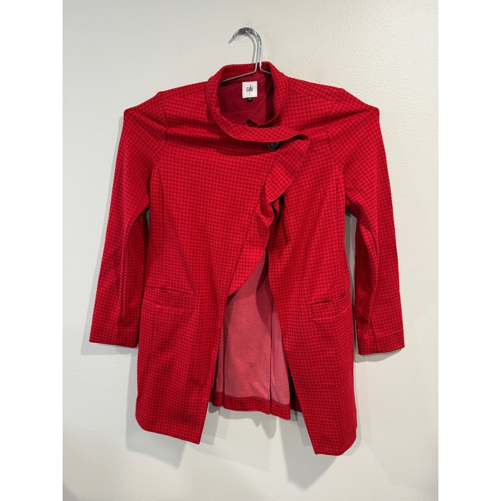 Cabi Crimson Jacket Red Houndstooth Ruffle Front Blazer 3546‎ Womens Small